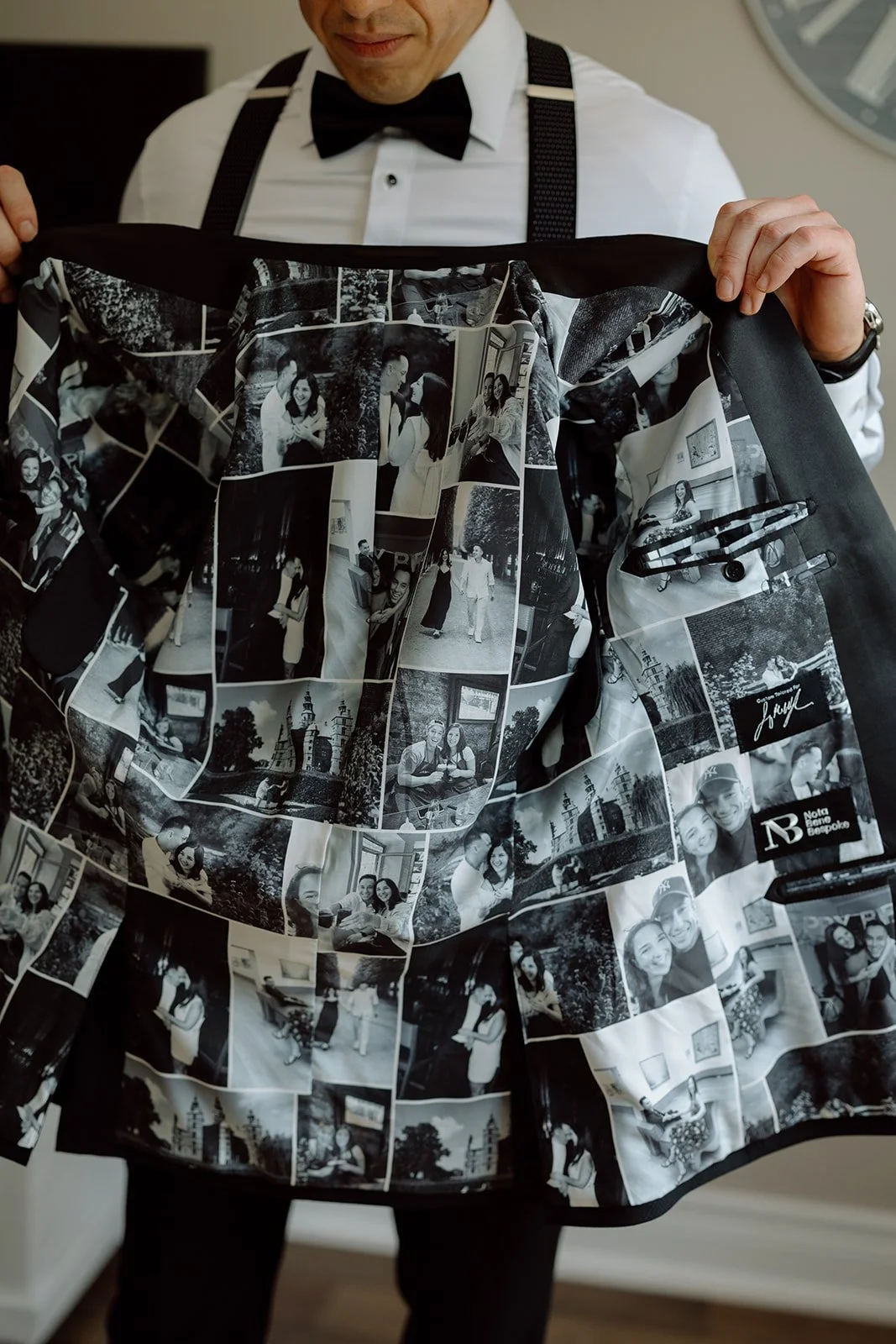  Custom tuxedo for the Groom with images of their relationship over 10 years within the lining of his custom tuxedo. 