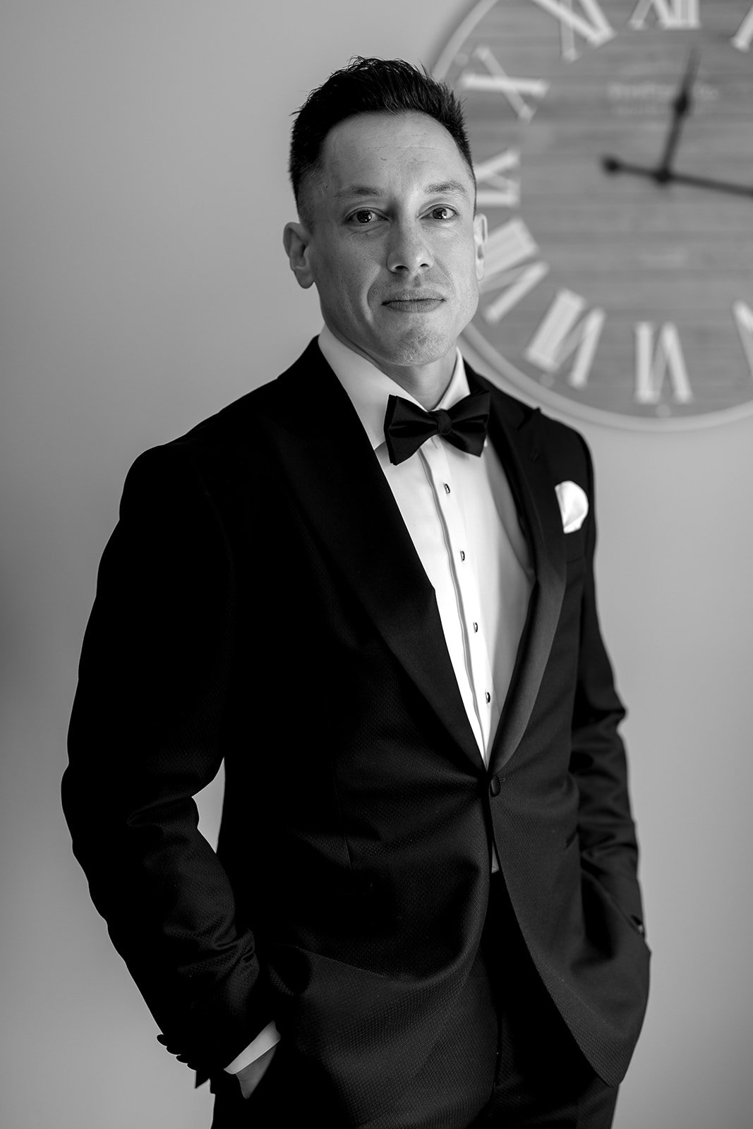  Classic black and white portrait of the Groom as he prepares for the first look with his bride. Captured by Paula Visco Photography. 