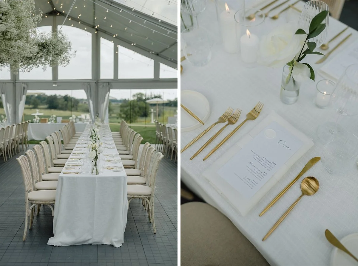 White roses used as wedding decor in front of place settings on a table