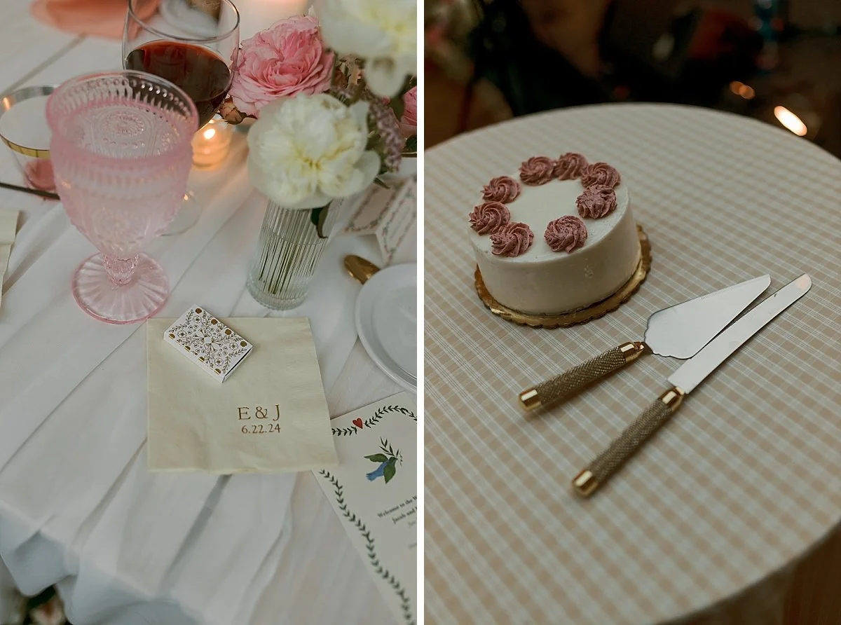 Details of glassware and a wedding cake on a gingham table cloth