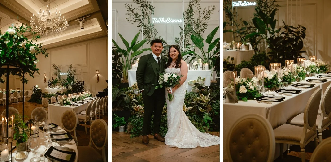 Lush tropical sweetheart table covered in flowers and plants for a Niagara Wedding