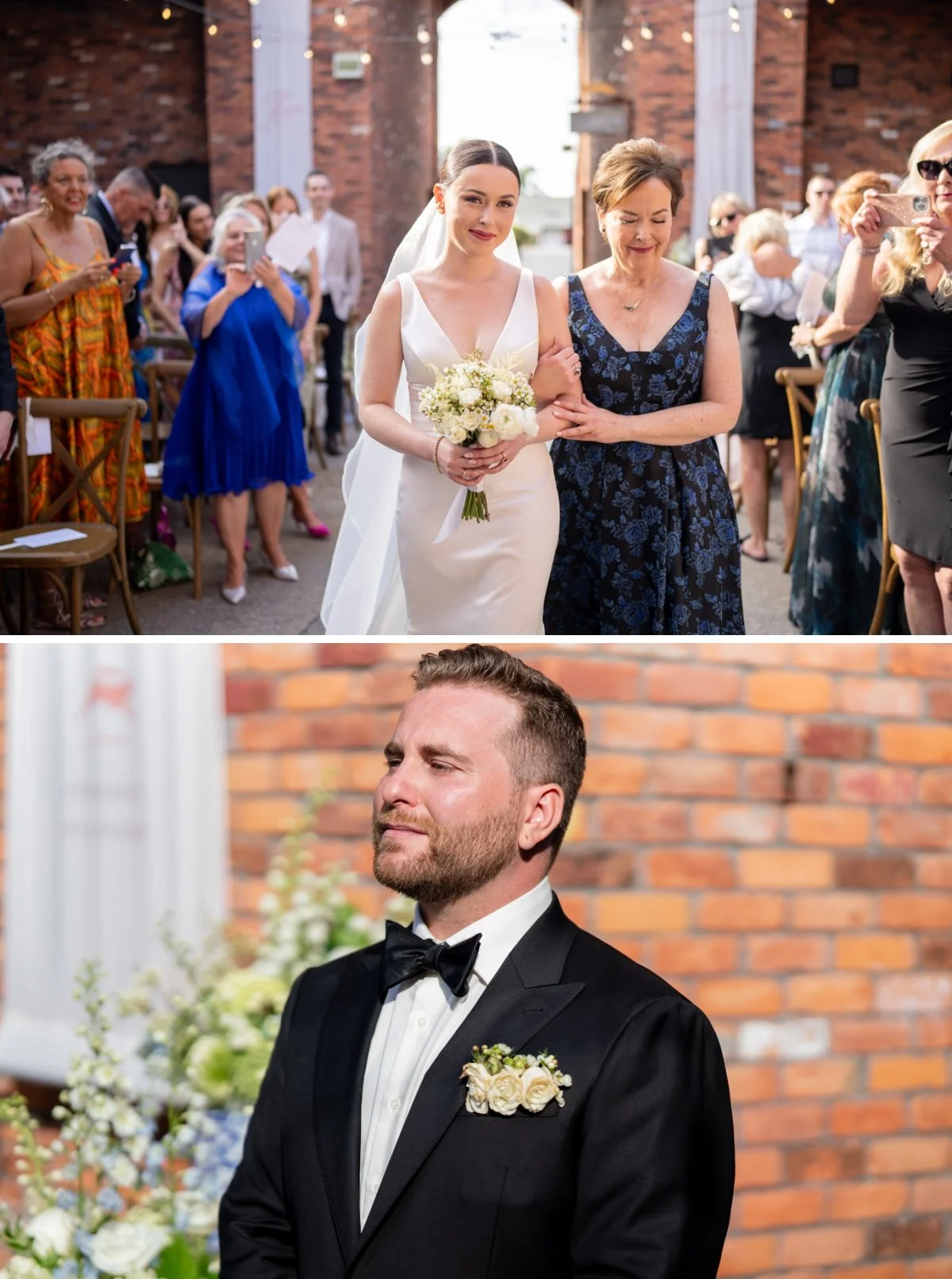 A groom begins to cry as the bride walks down the aisle with her mother.