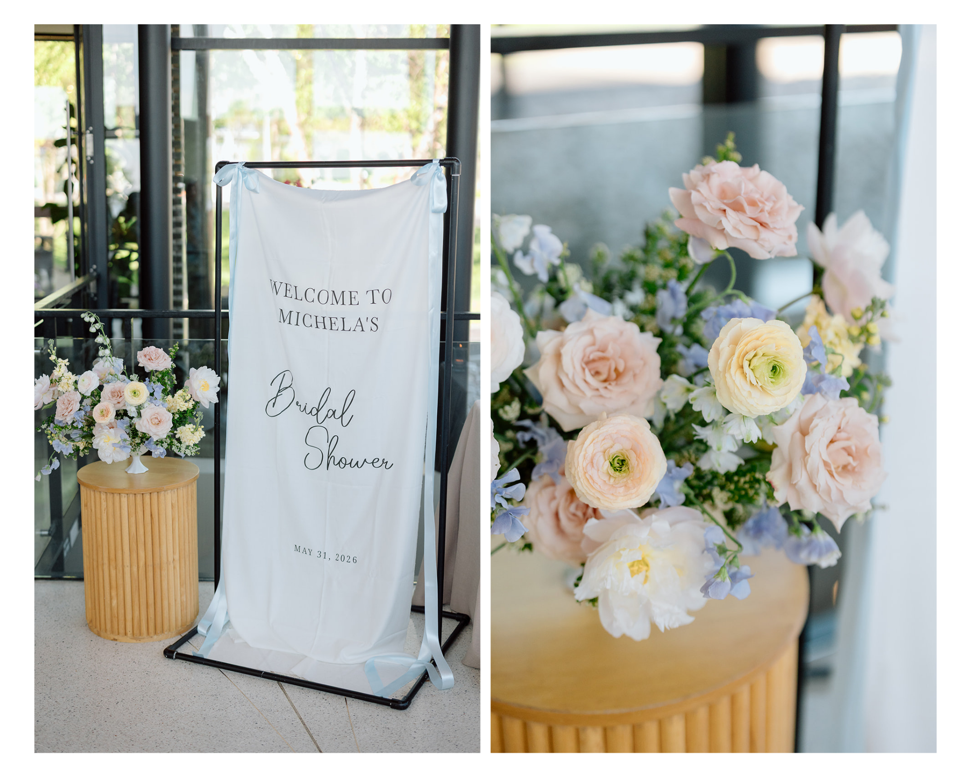 Welcome signage surrounded by flowers at a wedding reception