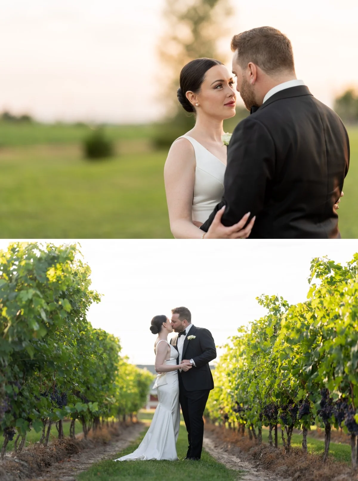 Portraits of a bride in a white silk dress and a groom in a black suit with white roses in his lapel.