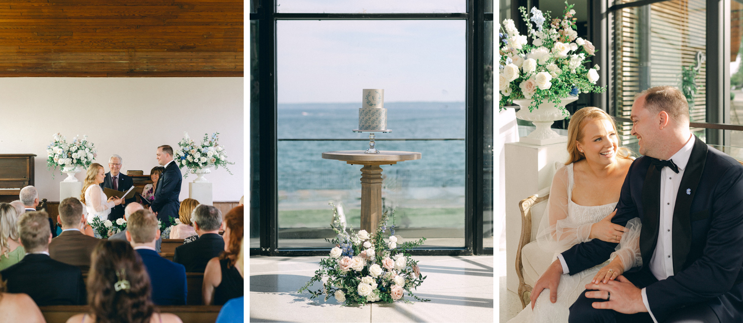 Pale pink roses in floral installations at a wedding