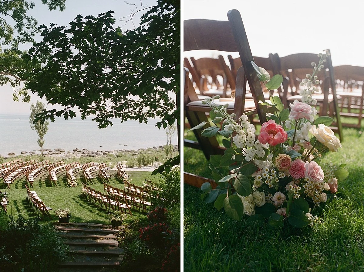 A close up shot of florals lining the aisle of a camp-themed wedding