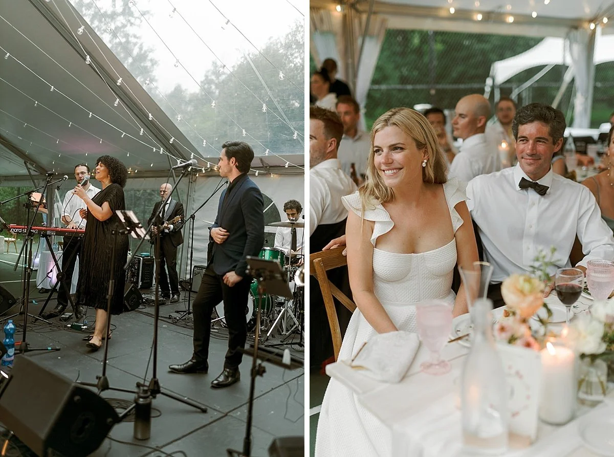 In the left photo, a live band performs at a camp-themed wedding. In the right photo, the wedding couple sits during speeches