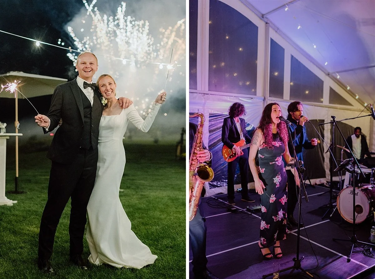 A couple poses in front of fireworks in the left photo. A live band performs at a tented wedding in the right photo.