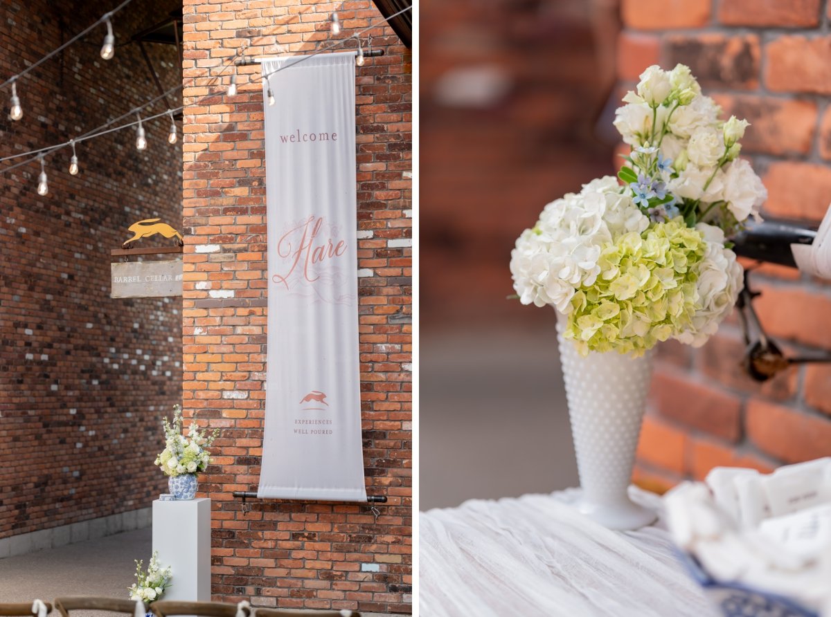 Details of vintage vases holding hydrangeas