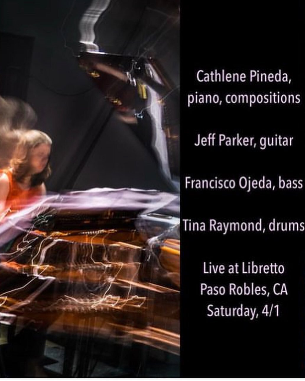 GigsGigsGigsGigsGigs! Some fun stuff coming up. Cathlene Pineda Quartet in Paso Robles on Saturday, ETA 4tet at ETA on Monday, with Lisa Alvarado and Joshua Abrams at Redcat on Thursday, and a solo show/sharing the bill with Caroline Davis in Brookly