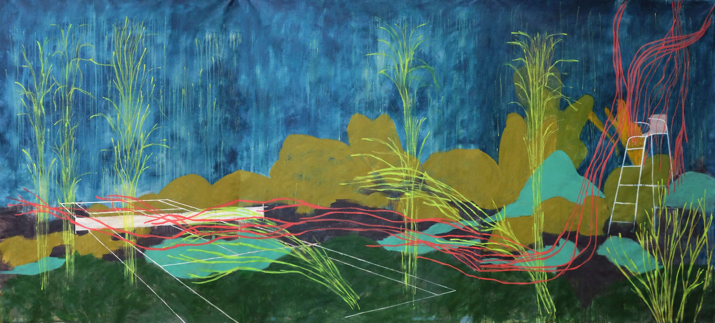 Tennis underwater, 2024  - Acrylique sur toile, 142 cm x 306 cm - (3 panneaux de 142 cm x 102 cm)