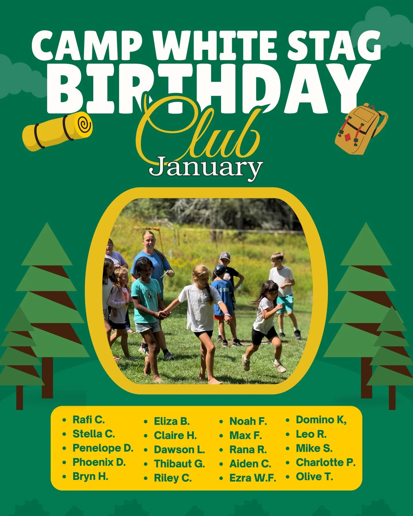 🎉🎂 Welcome to the Camp White Stag Birthday Club! 🎂🎉

This month&rsquo;s shoutout goes to all of our campers with January birthdays ❄️💚 We hope your day is full of fun, laughter, and a little extra camp joy.

Happy Birthday to our January campers