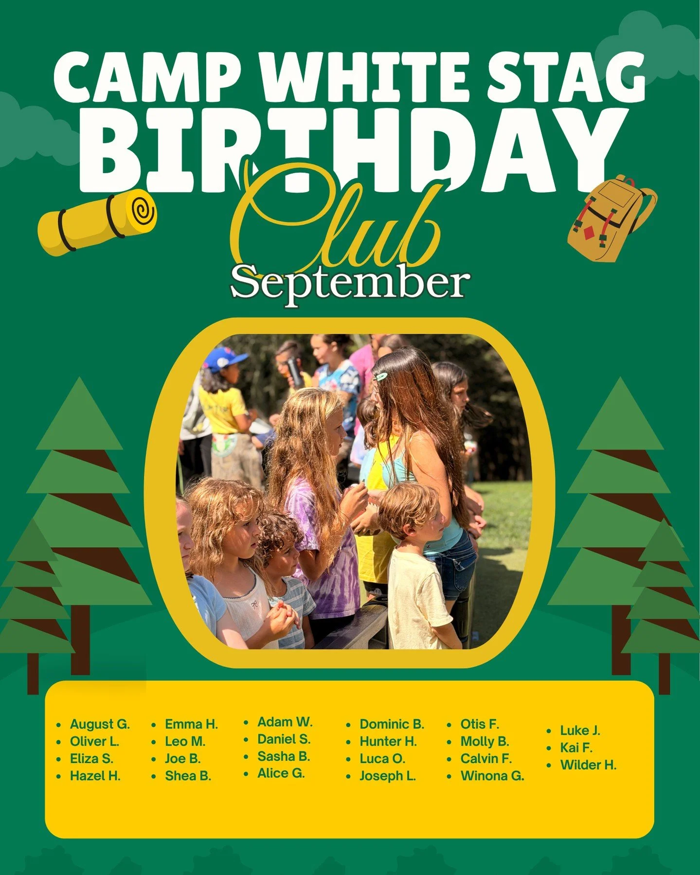 🎂💚 Camp White Stag Birthday Club! 💚🎂

Happy Birthday to all of our campers celebrating September birthdays! 🥳🍂 We hope your day is filled with lots of fun, laughter, and happy memories! 🎉✨

We&rsquo;re so lucky to have you as part of the Camp 