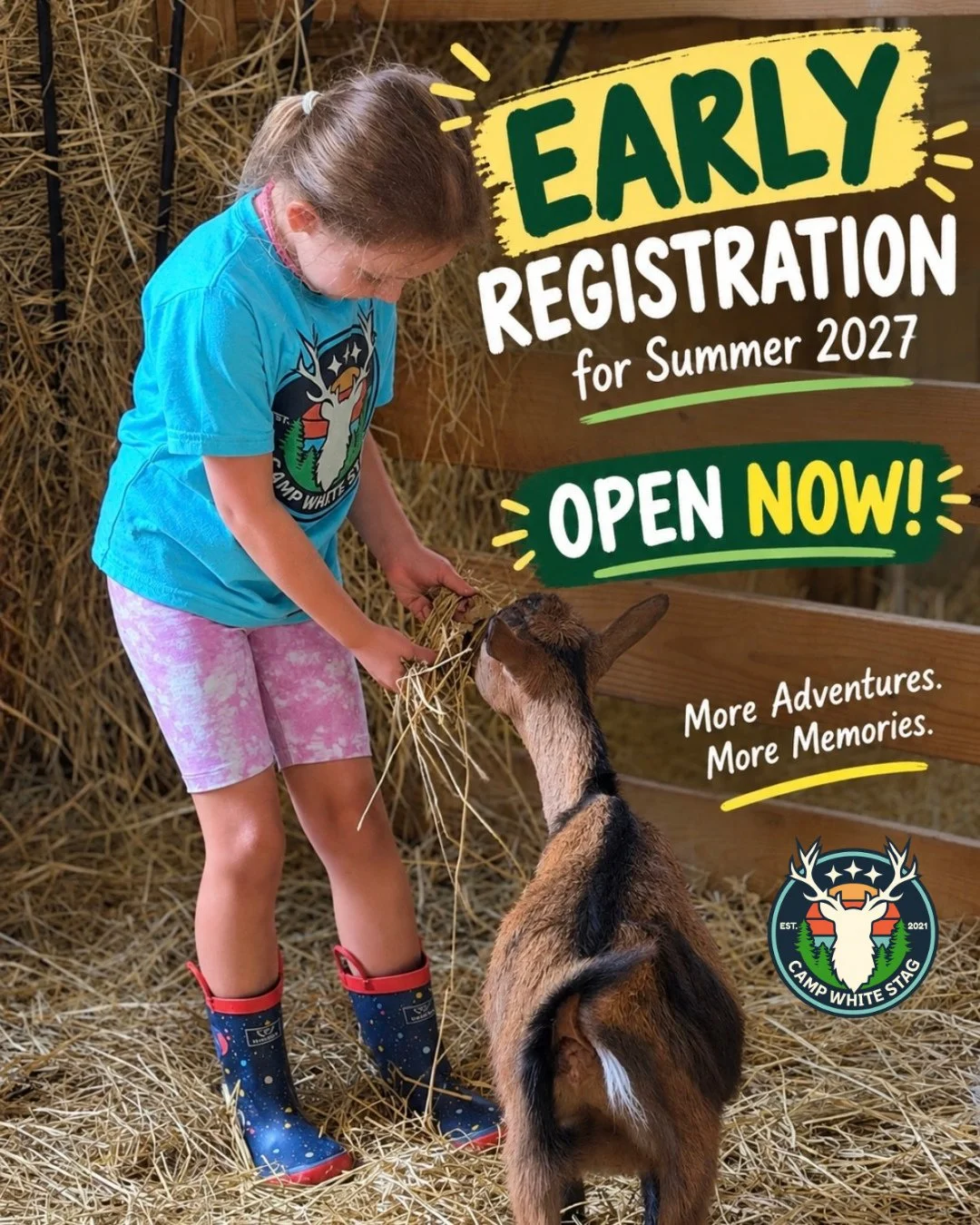 🏕️☀️ Early Registration for Summer 2027 is now OPEN! 💚

Lock in your summer weeks with our Summer 2026 tuition PLUS $25 OFF each week you sign up for! 🎉

Early registration is open through November 15th, 2026, so don&rsquo;t miss out on this speci