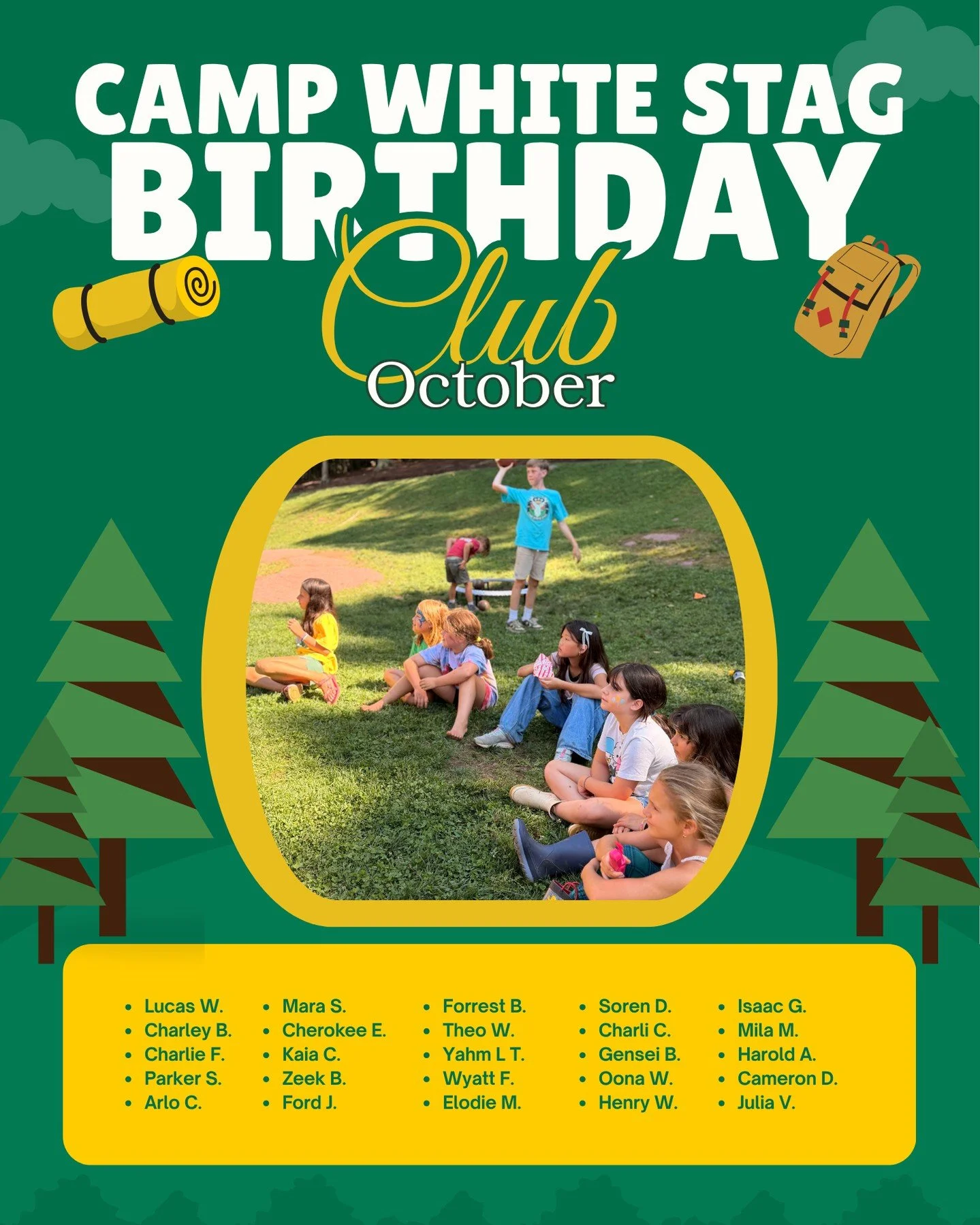 🎂💚 Camp White Stag Birthday Club! 💚🎂

Happy Birthday to all of our campers celebrating October birthdays! 🥳🎈 We hope you have an amazing day! 🏕️☀️

We&rsquo;re so happy you&rsquo;re part of the Camp White Stag family! 💚

#campwhitestag #white