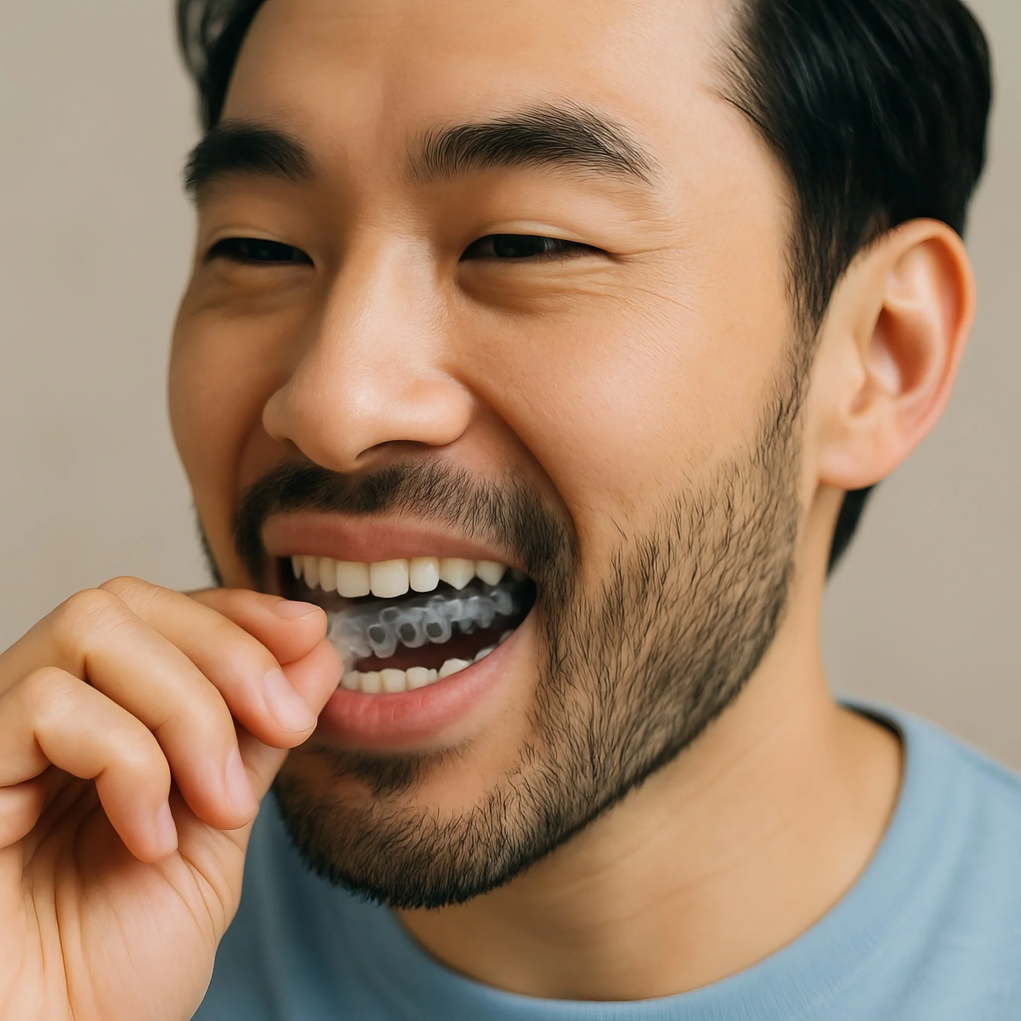 Adult man placing a clear aligner over his upper teeth