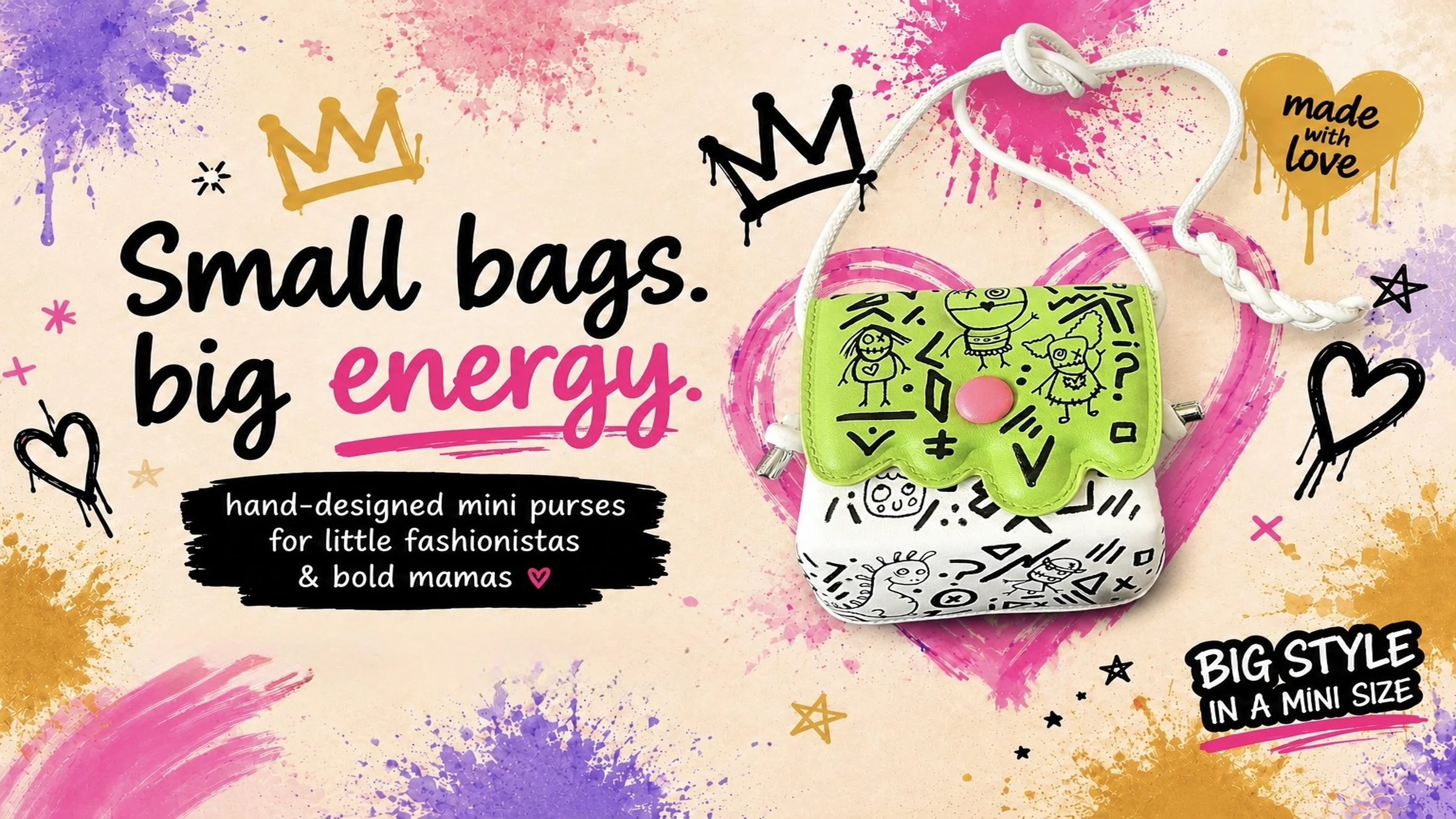 Colorful advertisement for small, hand-designed mini purses with bold, playful graphics, featuring a bright green purse with black doodles and a pink button, against a vibrant pink and purple splatter background with doodles and hearts, and the text 'Small bags. big energy.' and 'hand-designed mini purses for little fashionistas & bold mamas'.