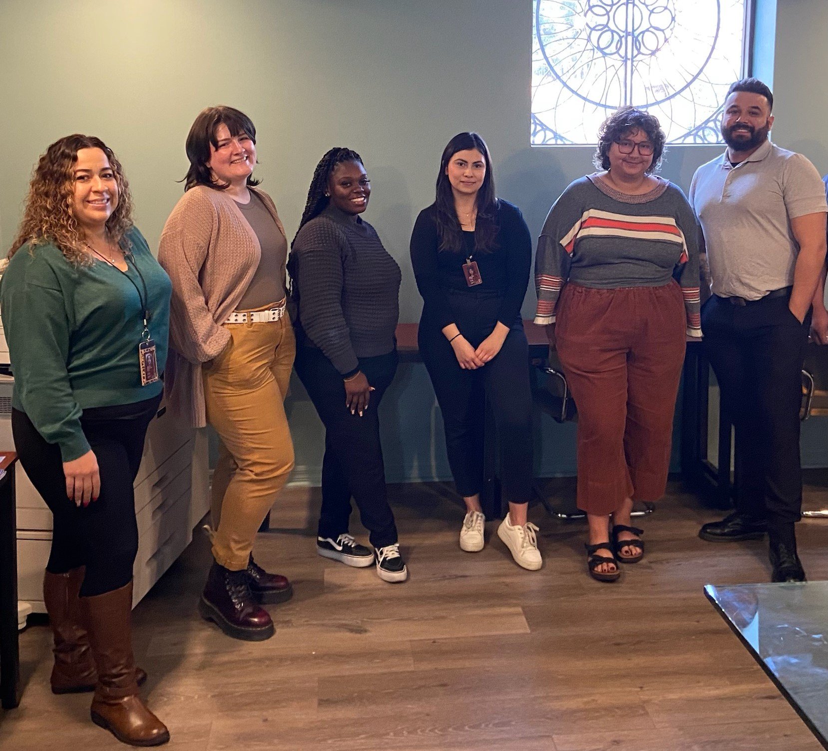 From left to right: Leticia Cortez – Employment Development Liaison, Michaela Heaphy – Administrative Assistant, Kiki Chorm- Employment Navigator, Alyssa Rubal – Employment Navigator, Magdalena Crescenzo – Career Coach, Hector Campirano – Employment Navigator, Jarred Bonilla (not pictured) – Program Manager