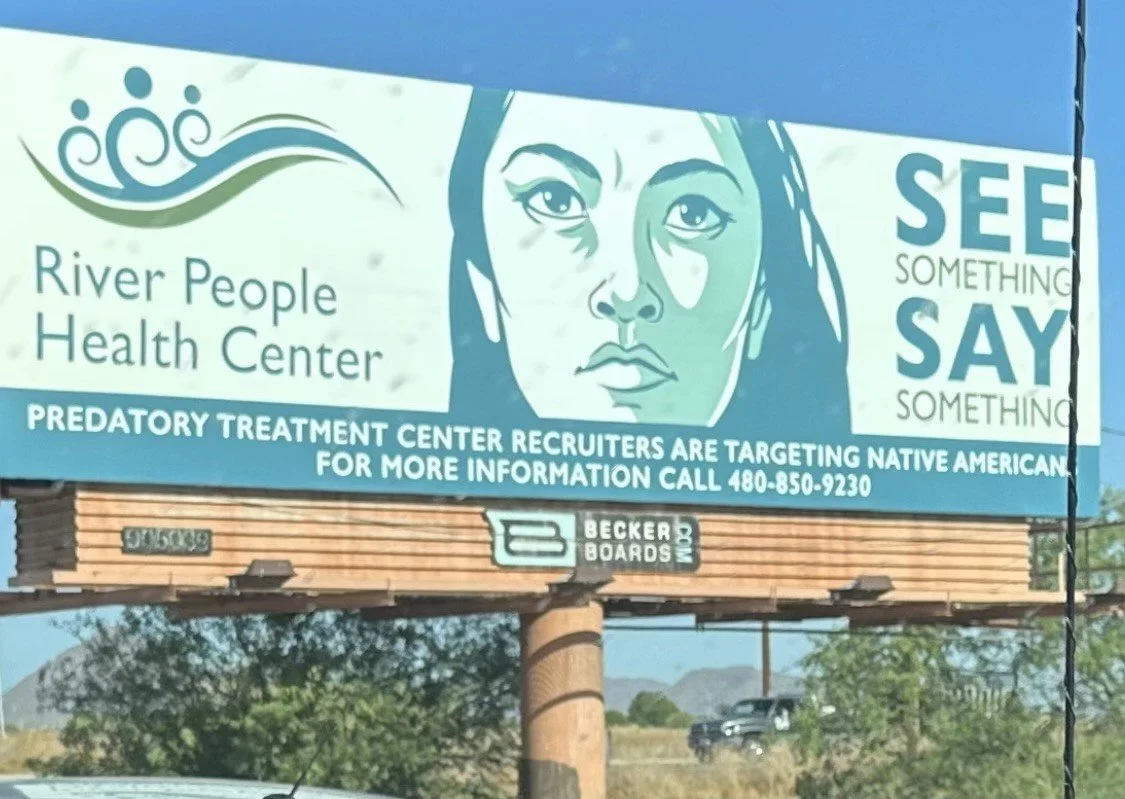 An example of predatory recruiters shown on a billboard. Photo provided by Amity Foundation President & CEO Doug Bond.