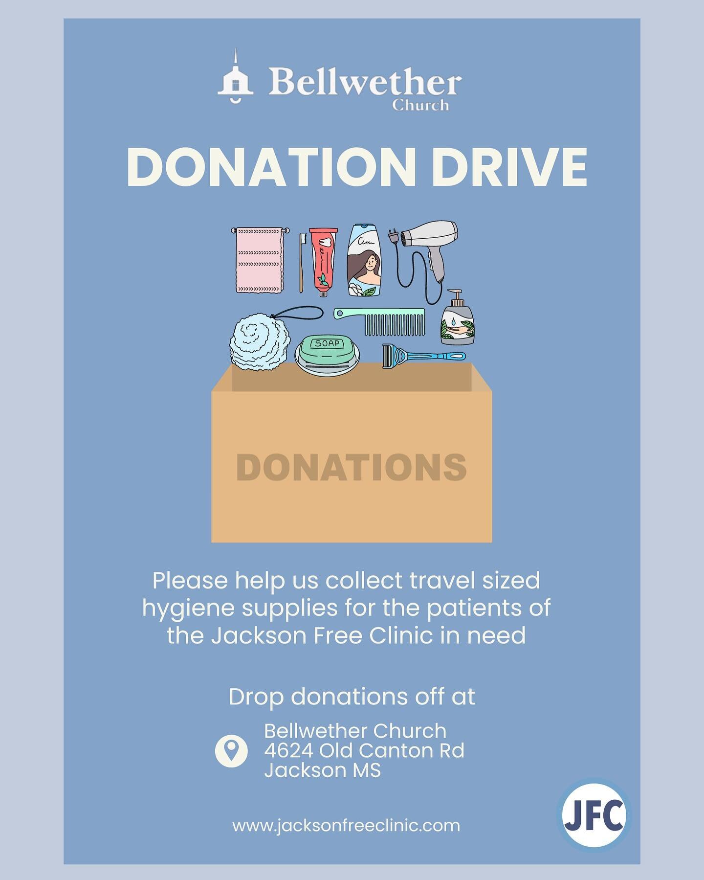 Join us as we collect travel sizes hygiene supplies for our friends at @jacksonfreeclinic ! Drop off available at Bellwether offices (during office hours), or on Sunday mornings! 

The Jackson Free Clinic proceeds free healthcare for uninsured Missis