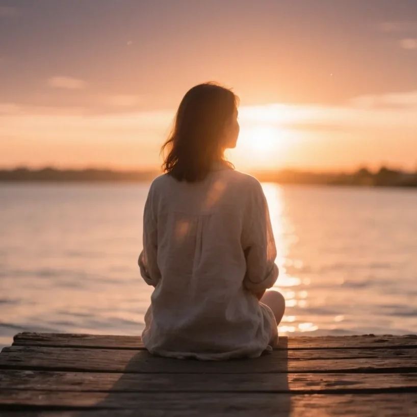 Woman on dock looking at over a body of water with the sun setting in the distance