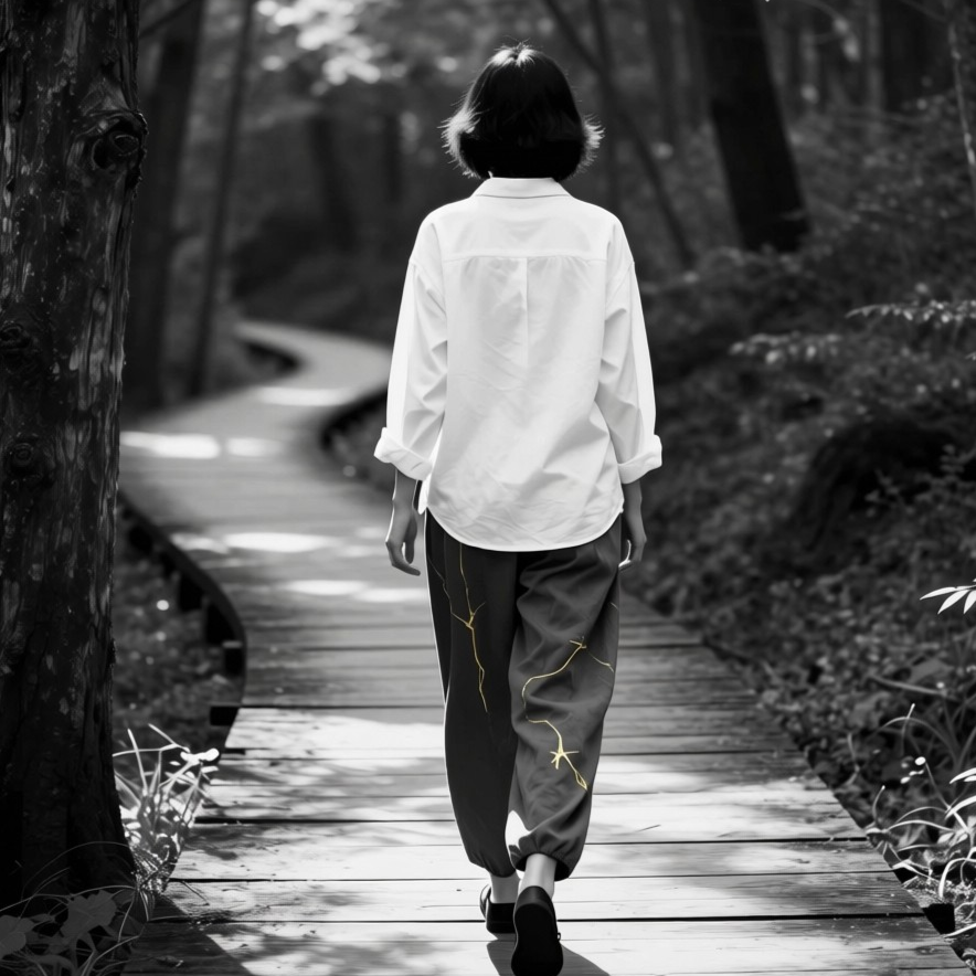 A person walking away on a wooden path through a forest, symbolizing the journey of healing from complex trauma and moving toward a brighter future.