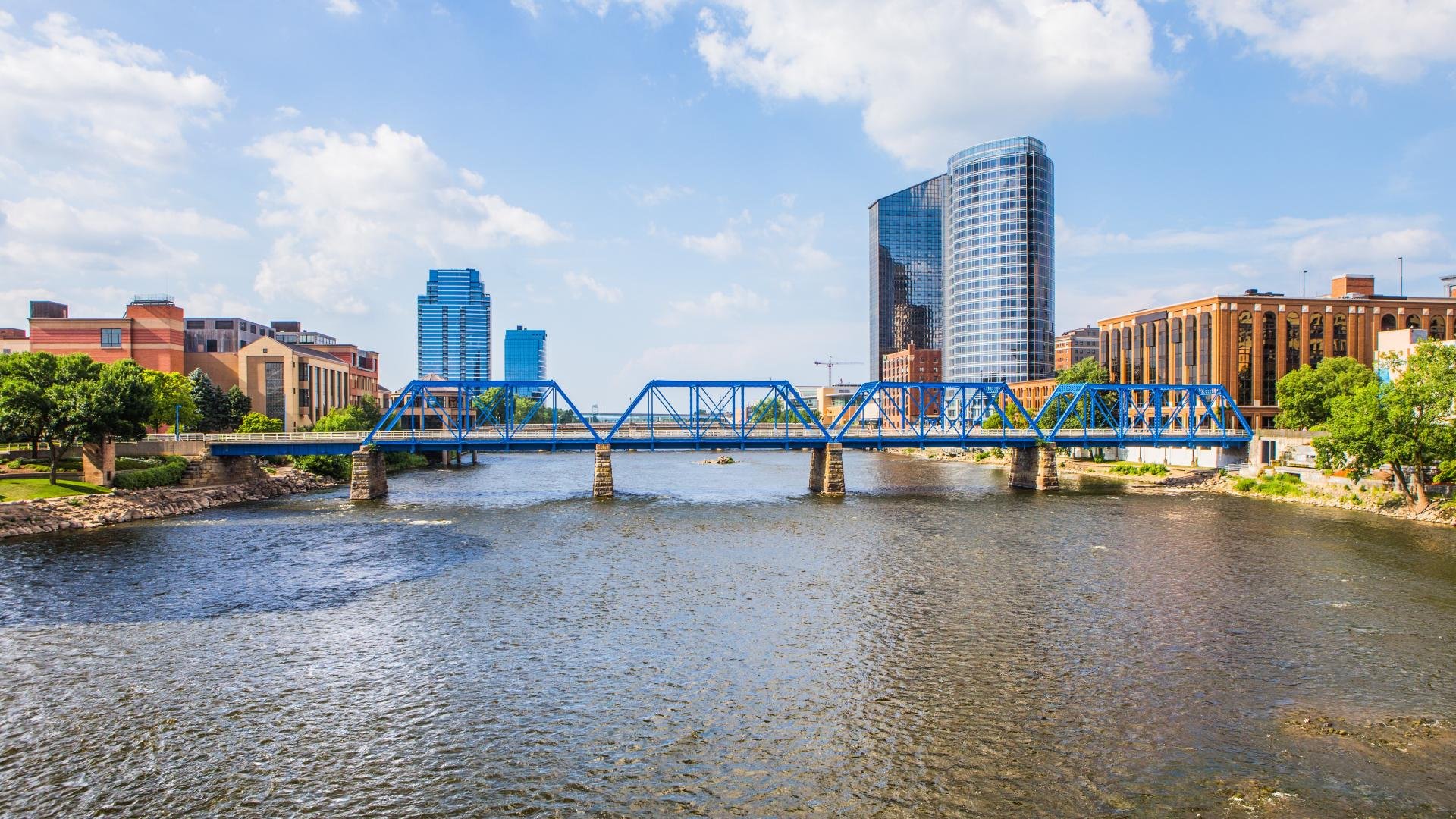 A picture of the Grand River and the Blue Bridge in downtown Grand Rapids, MI