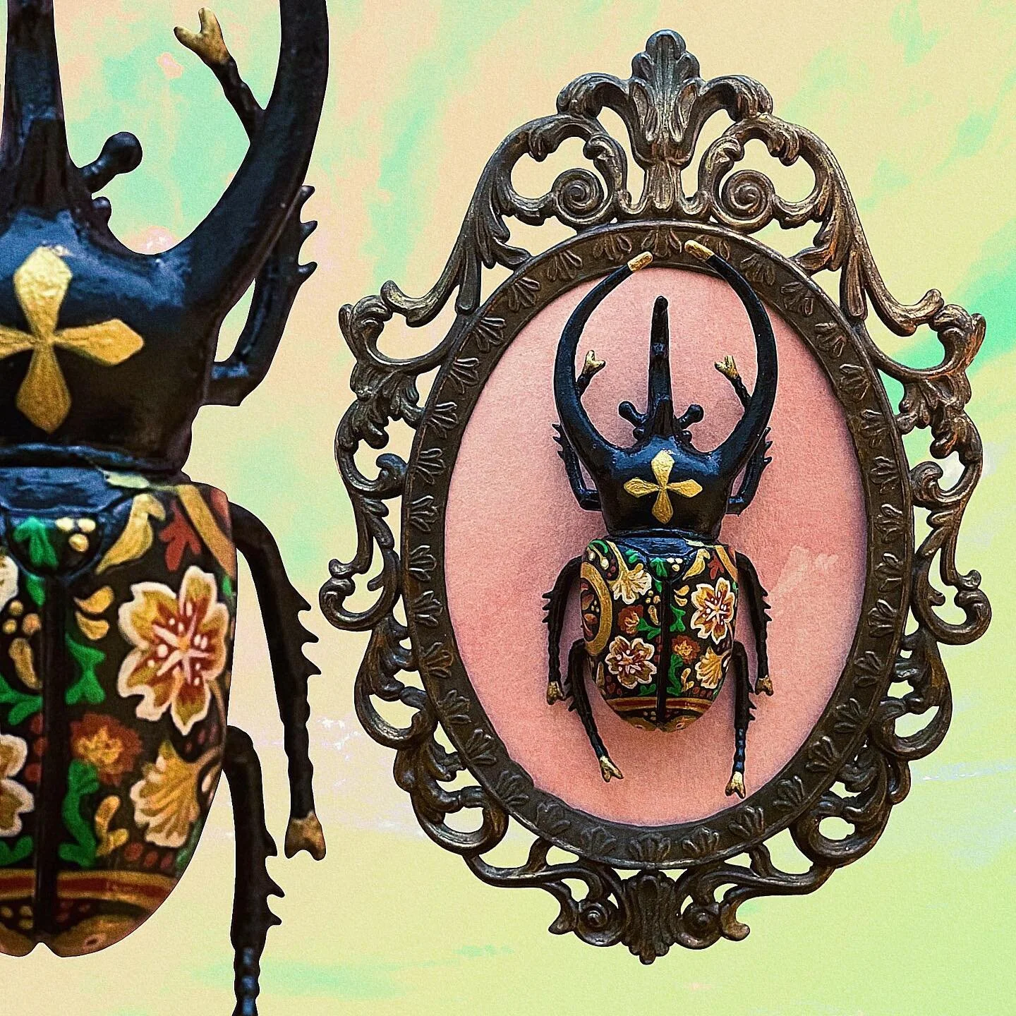 Close up of the faux taxidermy beetle I painted recently. Find it for sale in my shop. Link in Bio. 
.
.
.
.
.
.

#gold #artistsupport #wallartwork #paintings #artiststudio #bug #natureart #artistlife #handmadestuff #homedecoration #paintingsofinstag