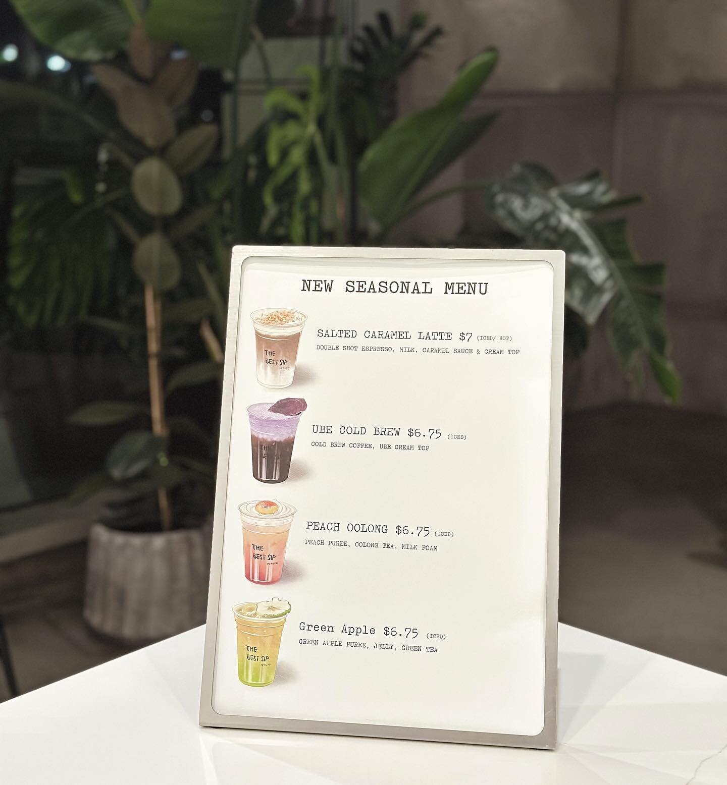&quot;📣 Menu Makeover! Our fresh seasonal drinks debut tomorrow. Explore the flavors! 🍹📖 #SeasonalSips&quot;

- Salted Caramel Latte 🤎
- Ube Cold Brew 🍠
- Peach Oolong 🍑
- Green Apple 🍏 

See you guys tmr! ✨✨

#coffee #coffeelover #newseasonal
