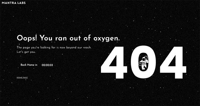 404 Page from Mantra Labs says "Oops! You ran out of oxygen."