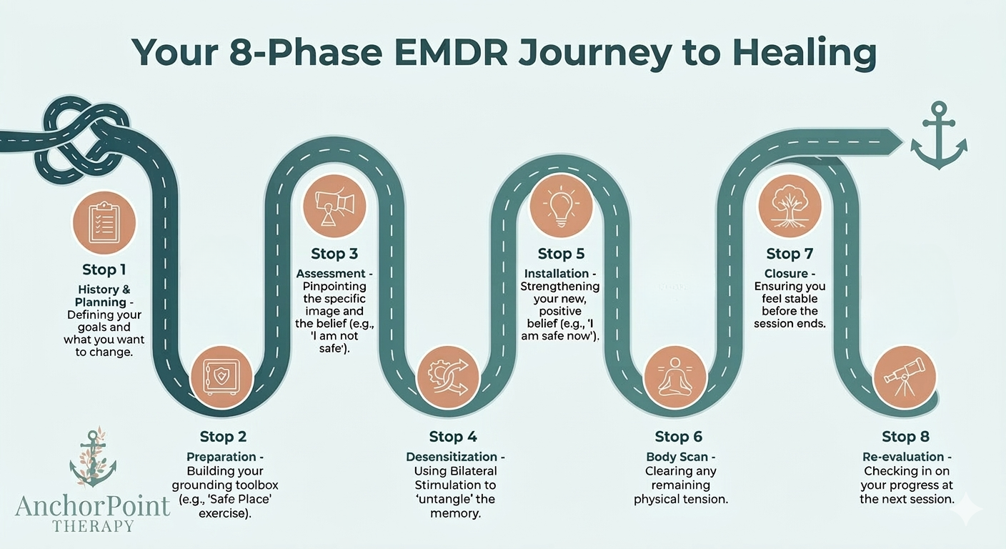 Infographic showing the 8 phases of EMDR therapy, from initial history taking and preparation to processing and re-evaluation.
