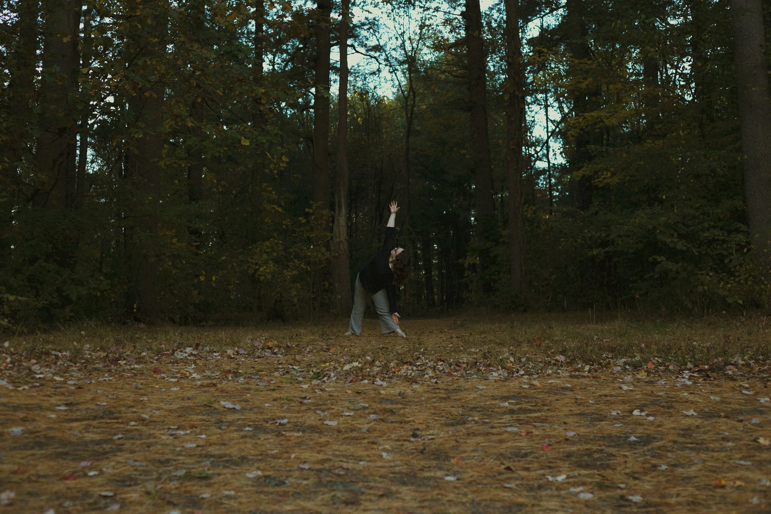 A person with brown hair doing yoga outdoors in a grassy field, wearing a black outfit and striking a warrior pose with arms extended.
