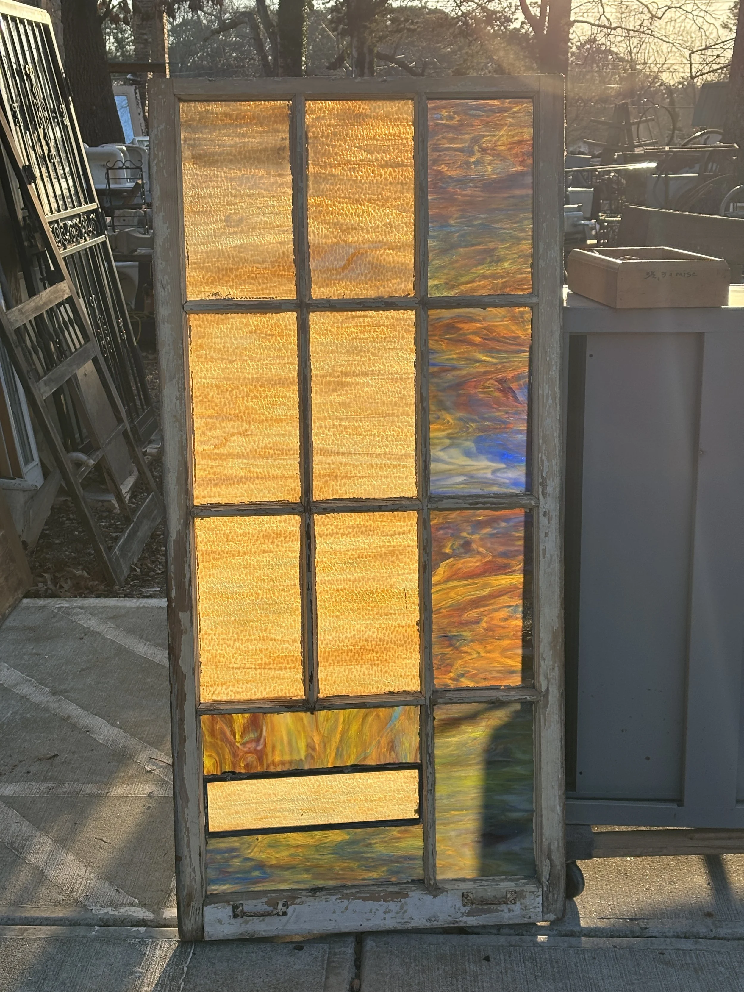 , Part of old Church window with slag glass, apprx 29 x 61 1/4