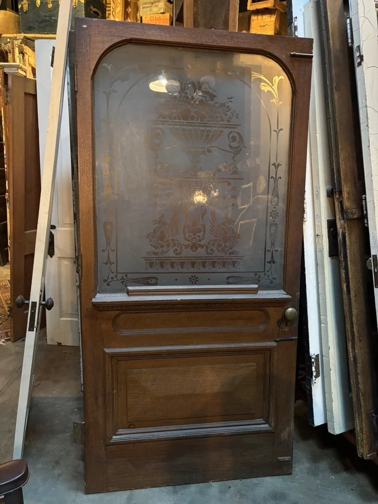 Victorian door with etched glass and drip edge, apprx 39 1/8 x 80 1/4 x 1 3/4, full hardware