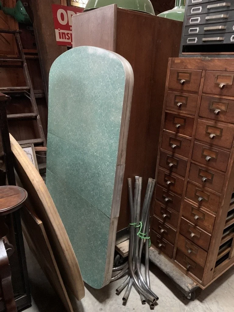 1950's Kitchen Table with Formica top and chrome legs,  apprx 35 1/2 x 59 1/4 incl 1 12" leaf