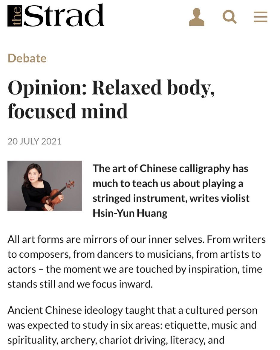 I am so honored to share this article with you, inspired by the art of calligraphy. Print version in August. To read the rest : 
https://www.thestrad.com/debate/opinion-relaxed-body-focused-mind/13238.article