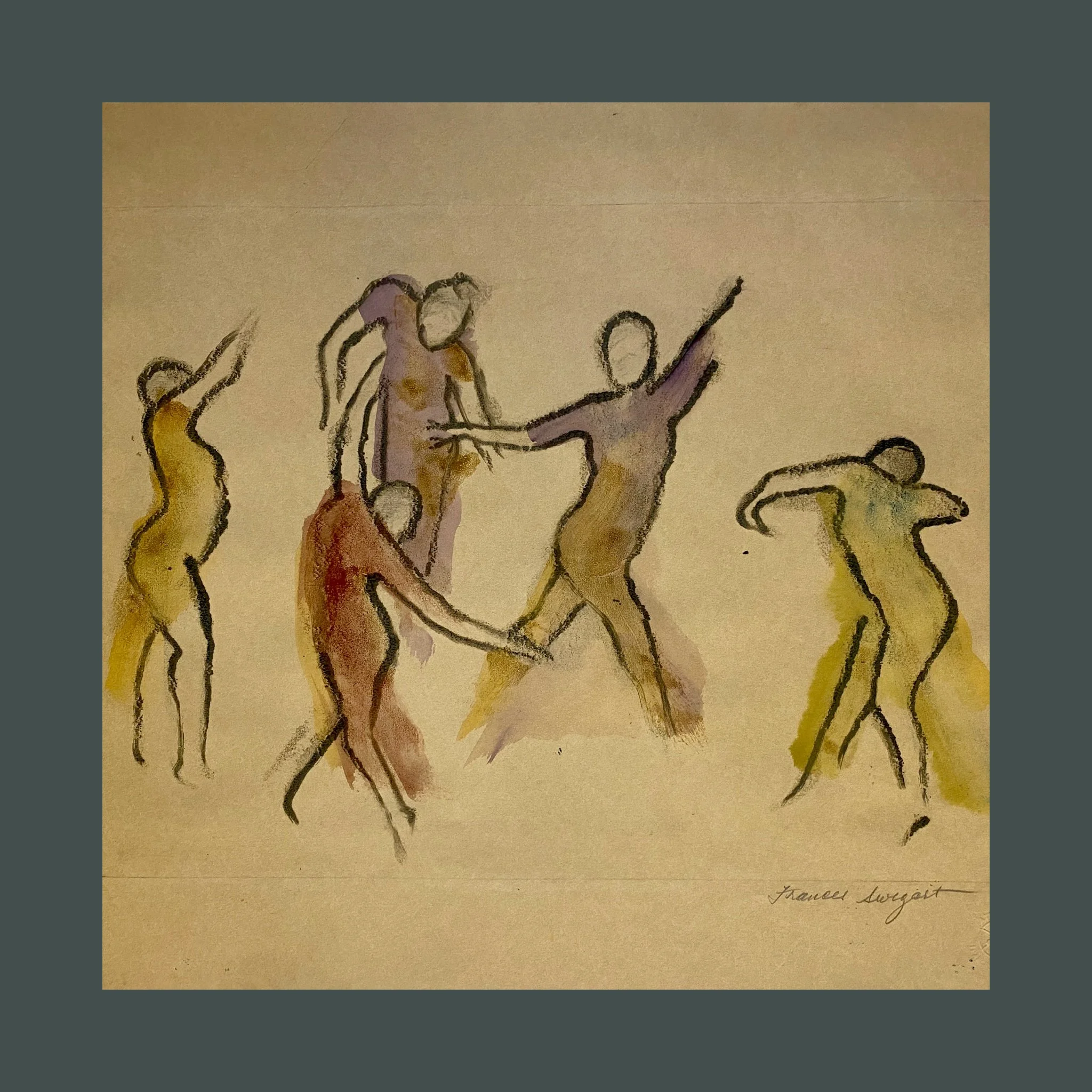 Detail of monoprint by Frances Swigart. Dancers depicted in gestural black outlines circle around eachother. Earthy watercolor tones differentiate each one, some gold, some red, some purple.
