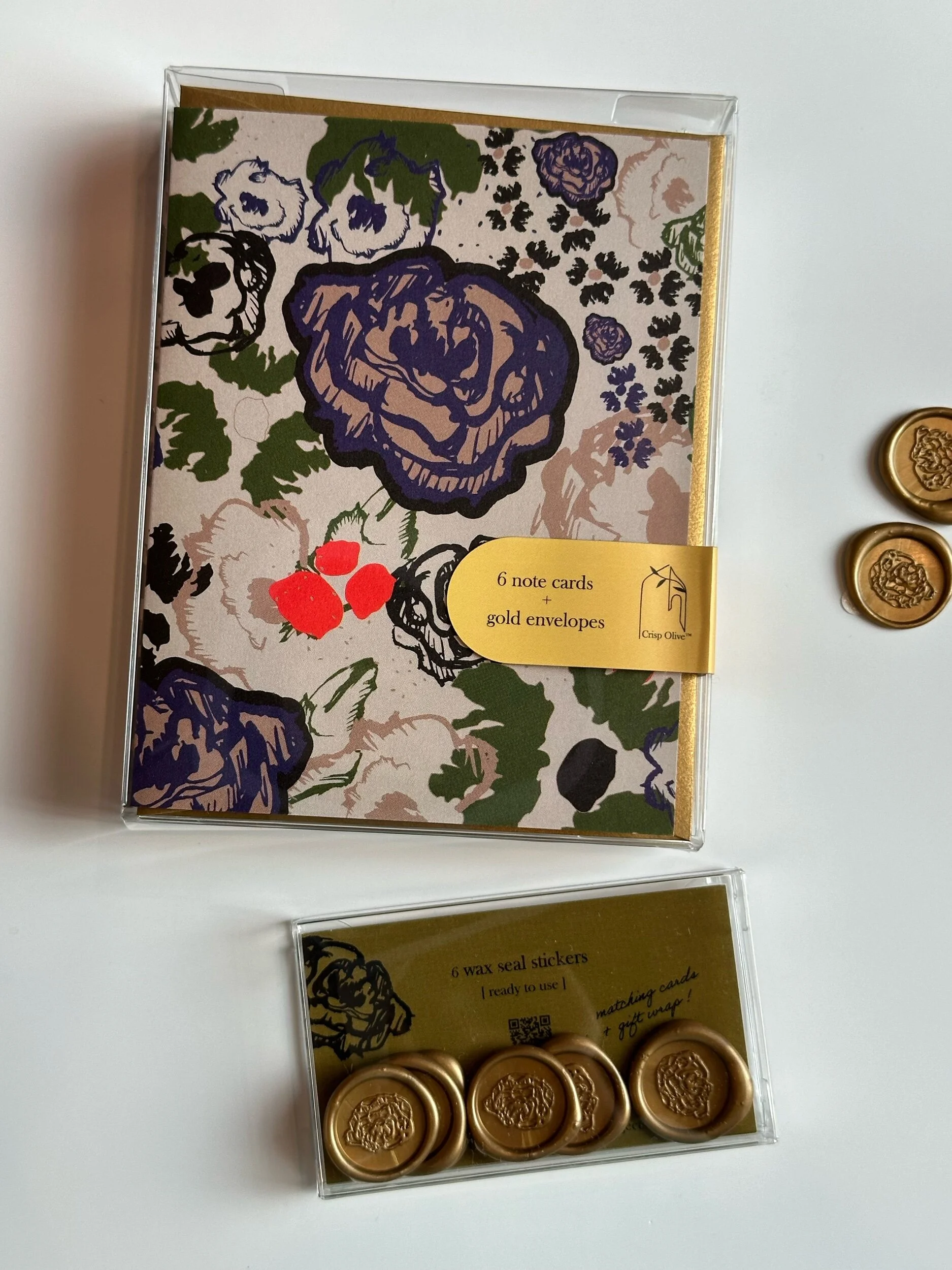 A gorgeous set of 6 floral note cards + antique gold envelopes - cards are blank inside with retro color palette - designed by Crisp Olive™ Studio. Matching rose wax seal stickers + gift wrap sheets