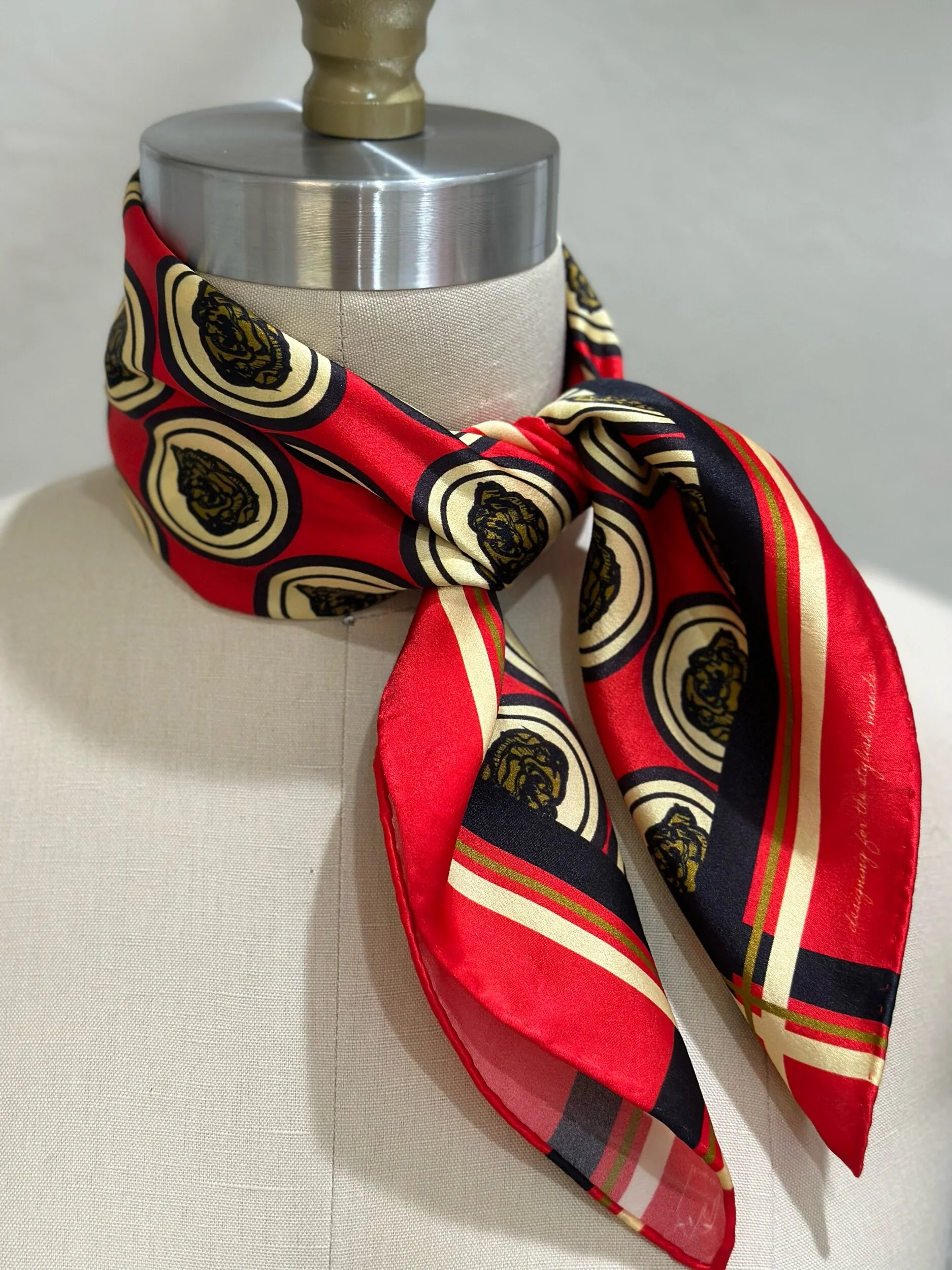 A gorgeously patterned 100% silk scarf, designed by Crisp Olive™ Studio. A luscious red background and gorgeous olive and gold accents. A fashion statement to style up outfits instantly.