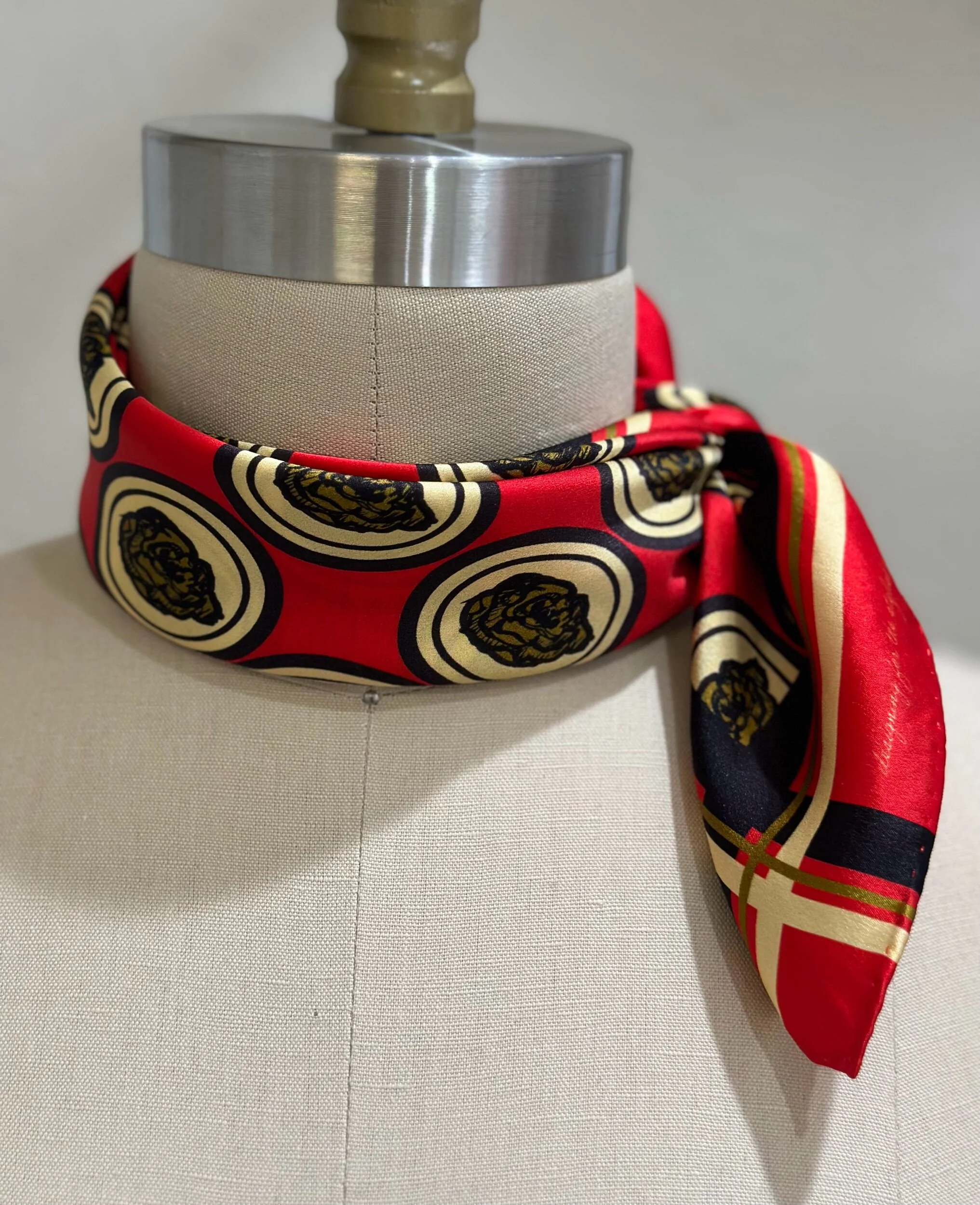A gorgeously patterned 100% silk scarf, designed by Crisp Olive™ Studio. A luscious red background and gorgeous olive and gold accents. A fashion statement to style up outfits instantly.