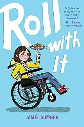 Illustrated book cover showing a girl using a wheelchair while balancing a pie.