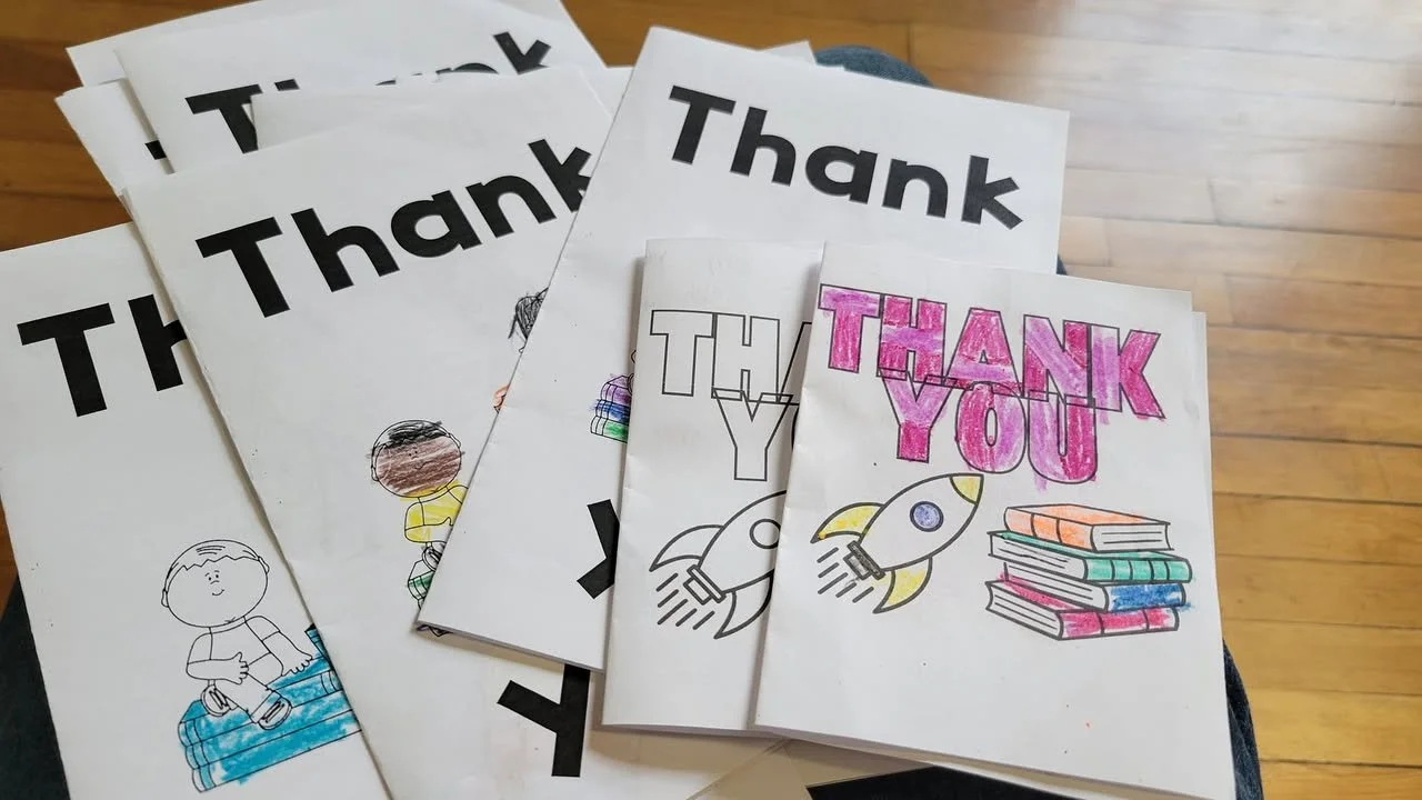 Colorful handmade thank-you cards created by Mooreland Heights Elementary students after receiving books from Nana’s Books Foundation.