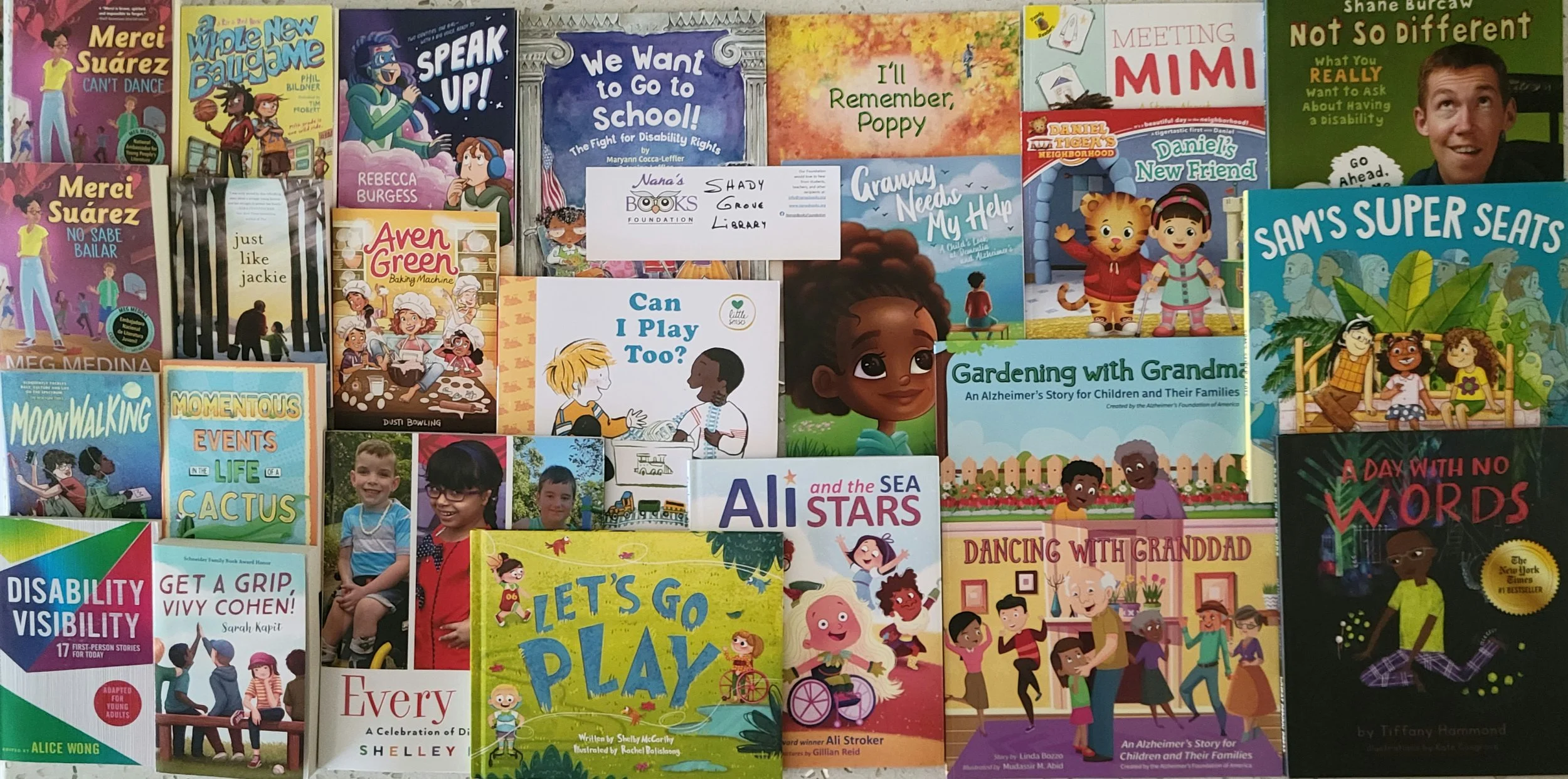 Selection of children’s books about Alzheimer’s, dementia, disabilities, inclusion, and other life experiences donated by Nana’s Books Foundation to a school library.