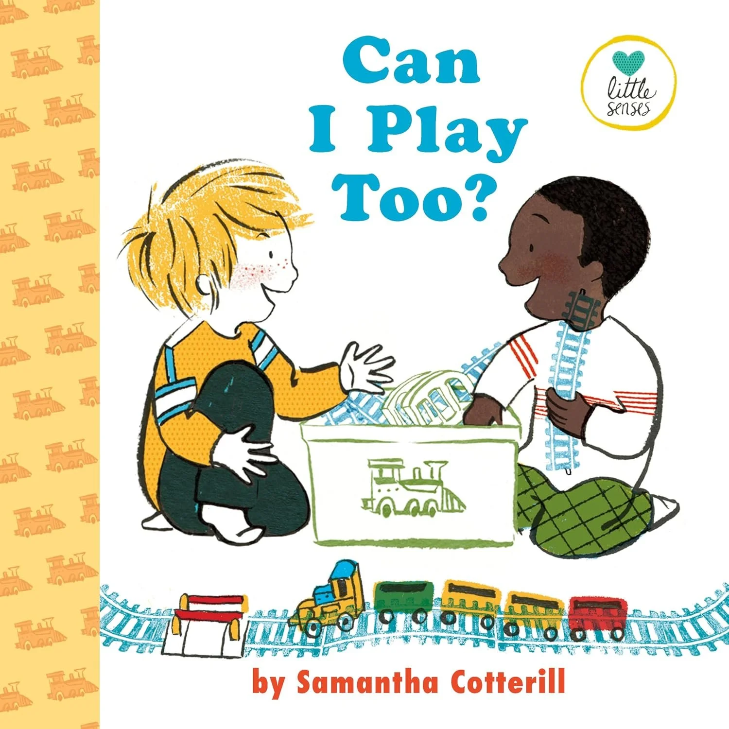 Illustrated book cover showing two children playing with toy trains together.