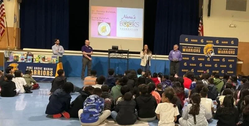 Students gather for a schoolwide Nana’s Books Foundation presentation at Pine Grove Manor School in Somerset, New Jersey.