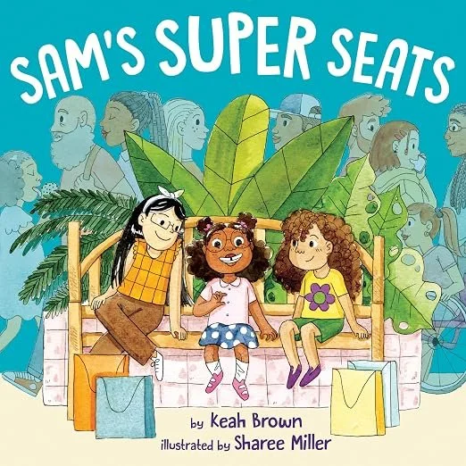 Illustrated book cover showing three friends seated together on a bench surrounded by oversized leaves.
