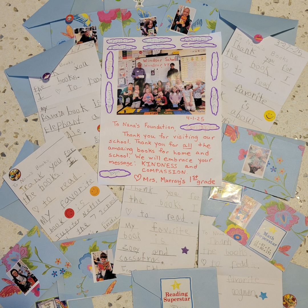 Children’s thank-you notes and drawings to Nana’s Books Foundation surrounding a class photo and a message about kindness and compassion.