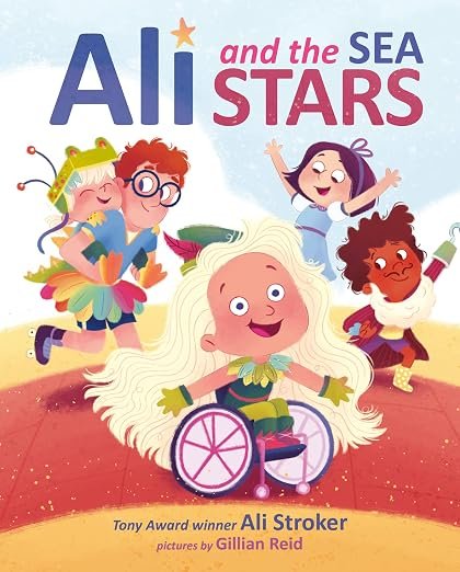 Illustrated book cover showing a girl using a wheelchair performing with colorful characters.