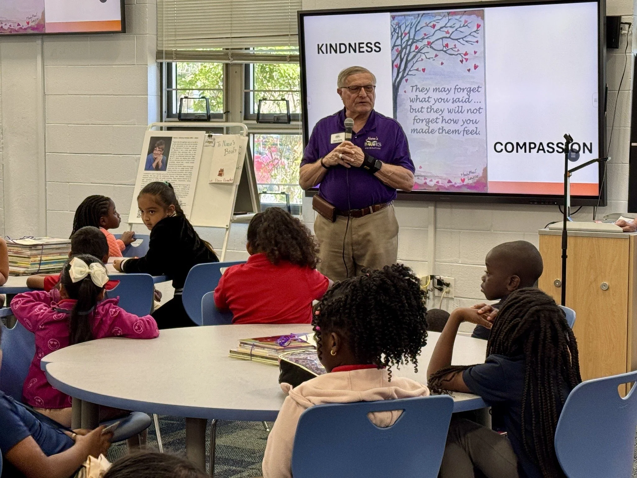 Nana’s Books Foundation president speaks with James Tillman Elementary students about kindness and compassion during a Media Center visit.