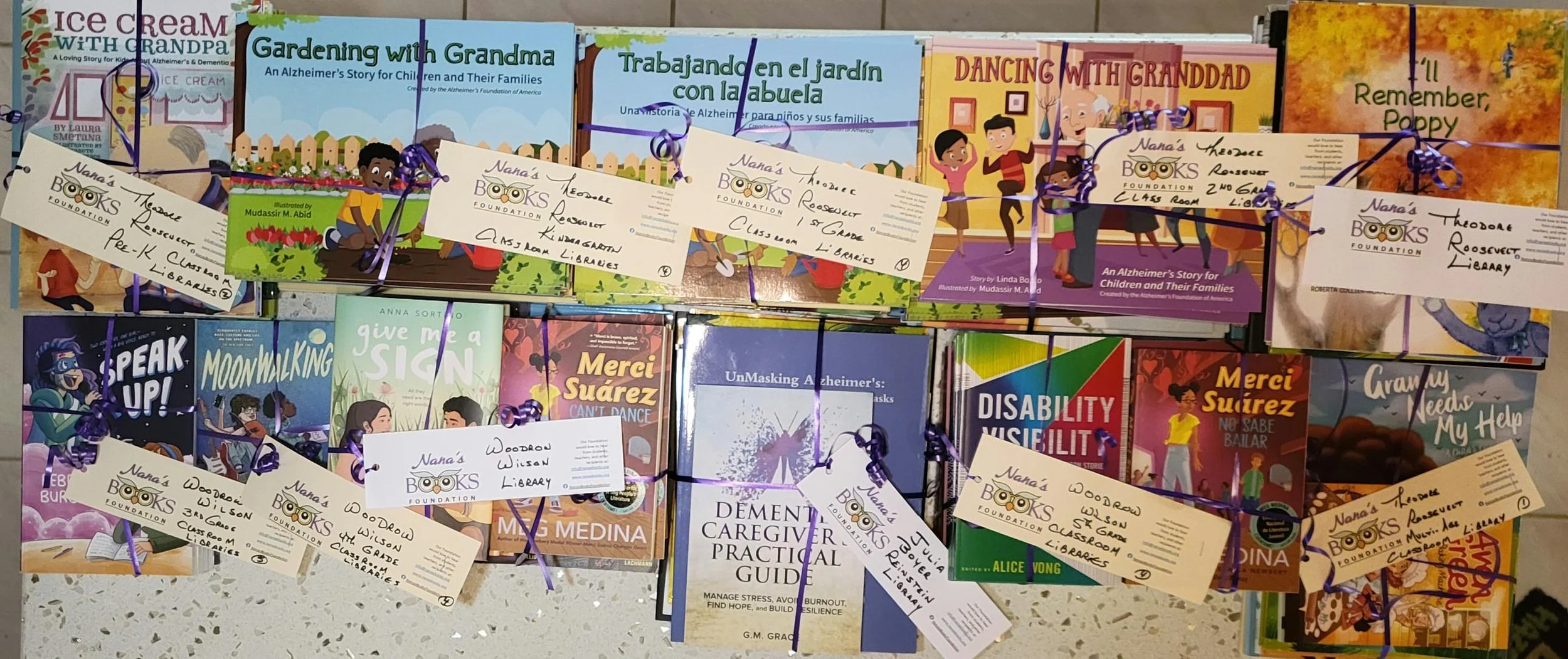 Book bundles prepared by Nana’s Books Foundation include children’s books about Alzheimer’s disease, dementia, disabilities, and other life experiences.
